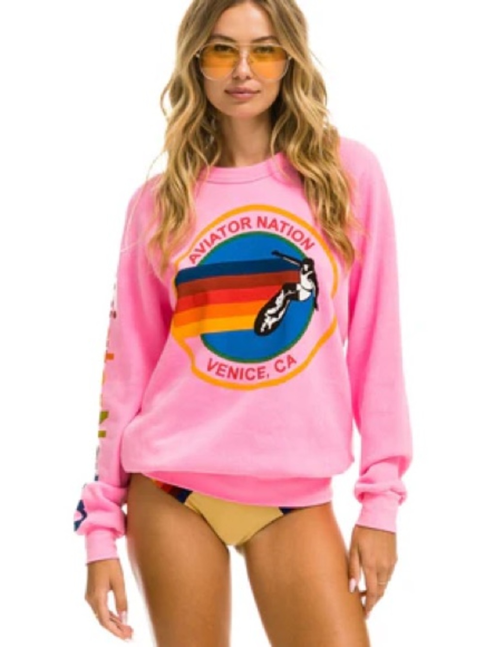 Aviator Nation Pink Crewneck with Rainbow Surf Logo